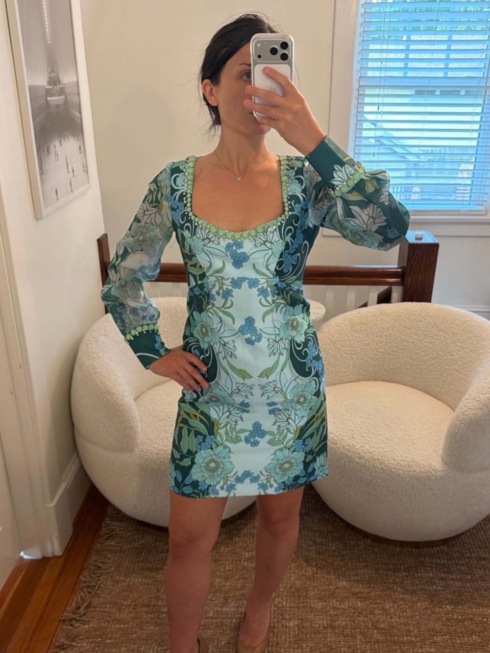 Boston Proper Women’s Organza Balloon Sleeve Embellished Sheath Dress
